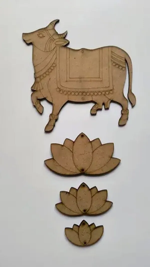 Pine_Mdf_Traditional_Cow_Lotus_Decorative_Wall_Art__Set_Of_4
