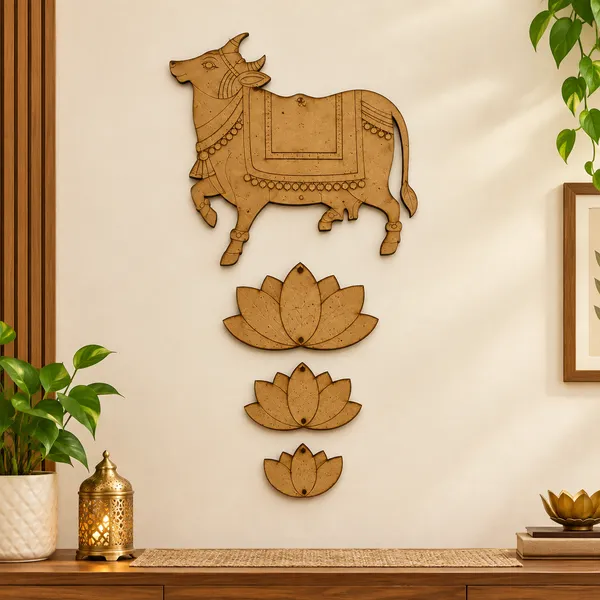 Pine_Mdf_Traditional_Cow_Lotus_Decorative_Wall_Art__Set_Of_4