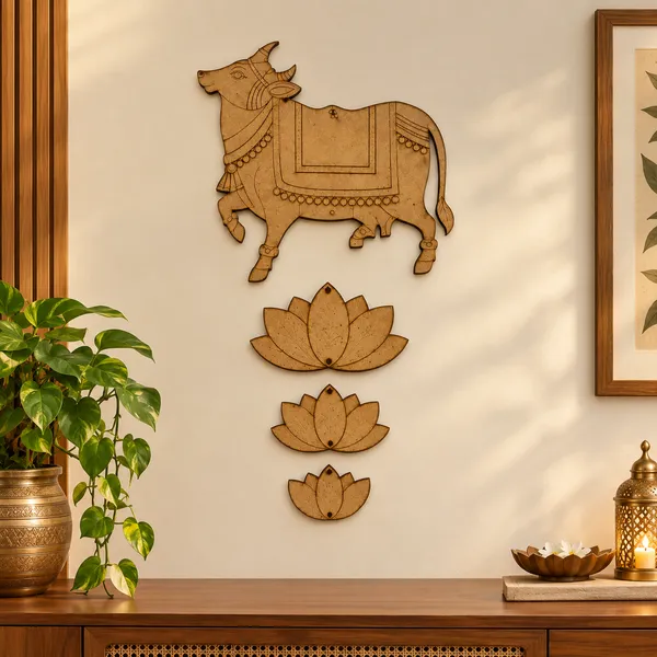 Pine_Mdf_Traditional_Cow_Lotus_Decorative_Wall_Art__Set_Of_4