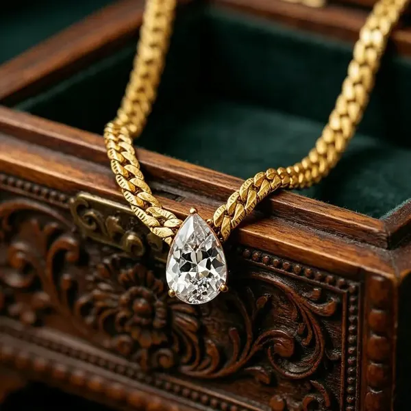 Gold_Stainless_Steel_Teardrop_Pendant_Figaro_Chain_Necklace_For_Women