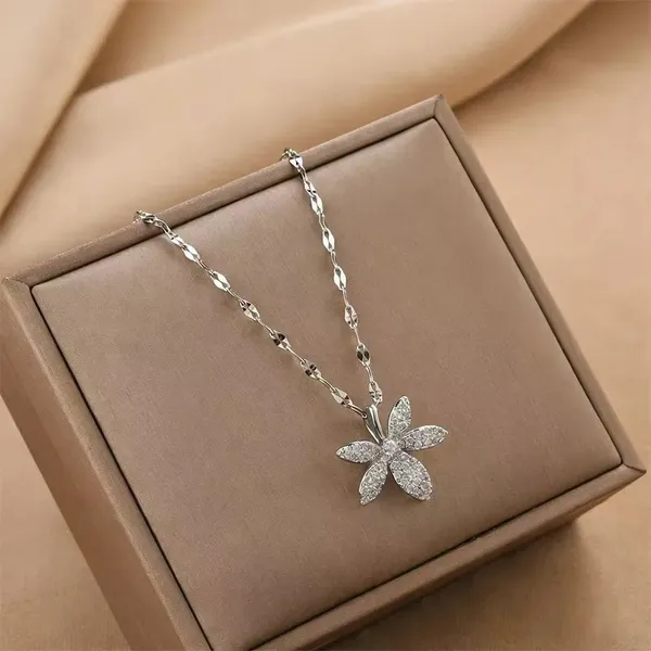 Silver_Stainless_Steel_Cz_Floral_Six_Petal_Pendant_Necklace_For_Women