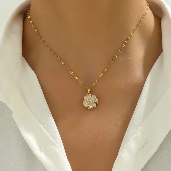 Gold_Stainless_Steel_Four_Leaf_Clover_Rhinestone_Floral_Pendant_Necklace_For_Women