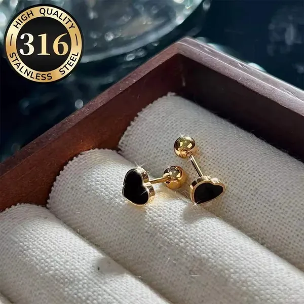 Gold_Stainless_Steel_Black_Enamel_Heart_Stud_Earrings_For_Women