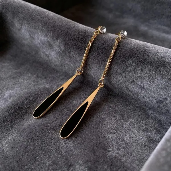 Gold_Black_Stainless_Steel_Enamel_Teardrop_Chain_Drop_Stud_Earrings_For_Women
