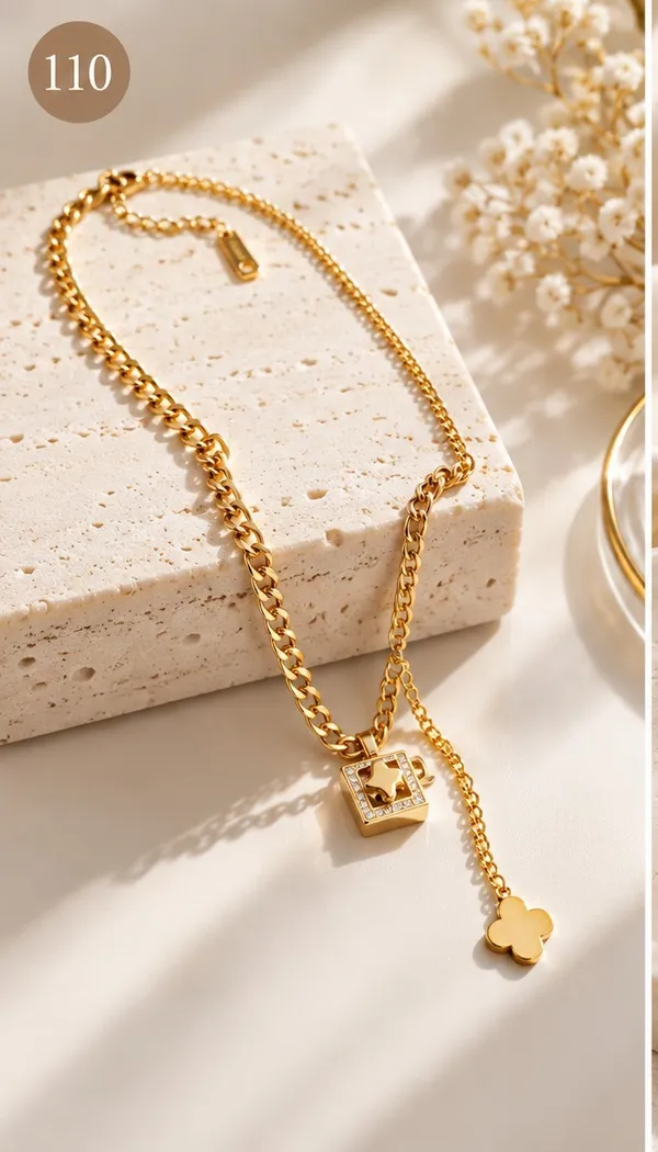 Gold_Steel_Layered_Cube_Zirconia_Clover_Tassel_Pendant_Necklace_For_Women