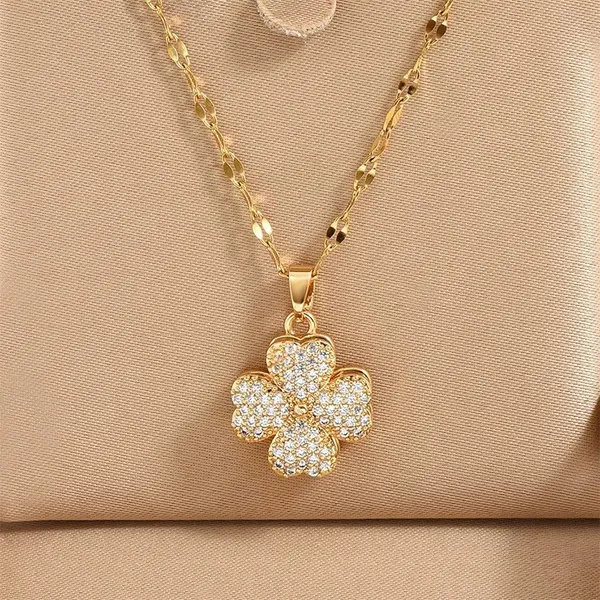 Gold_Stainless_Steel_Four_Leaf_Clover_Rhinestone_Floral_Pendant_Necklace_For_Women