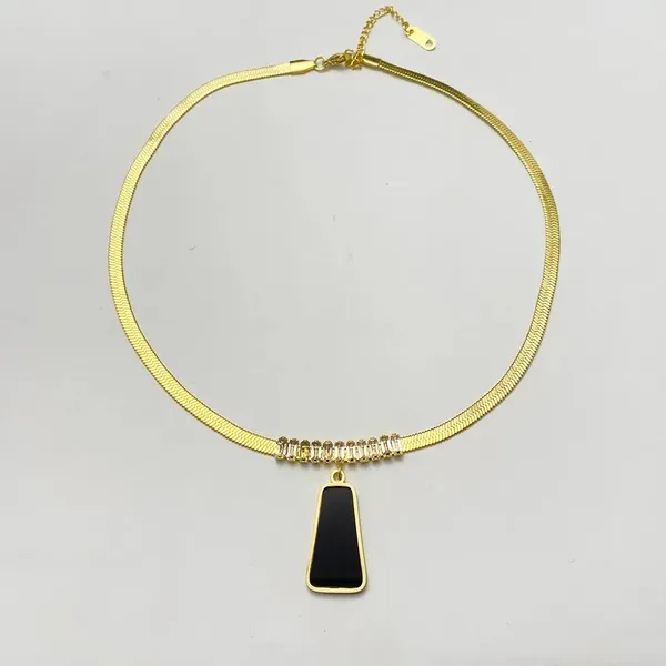 Gold_And_Black_18K_Plated_Trapezoid_Pendant_Herringbone_Chain_Necklace_For_Women