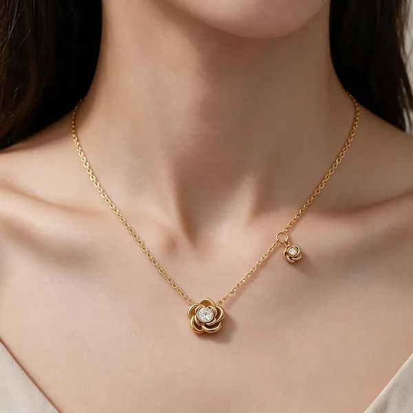 Five_Petaled_Plum_Blossom_Pendant_Necklace_With_Smooth_Curve_Gold_Contour_And_Sparkling_Clear_Stone_(Gold)