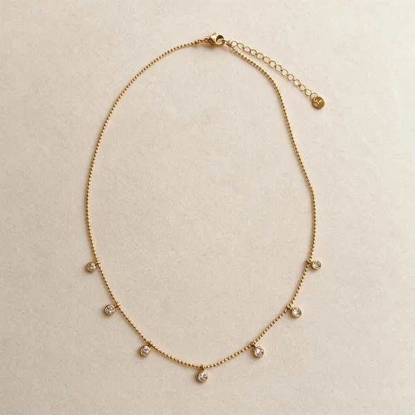 Choker_Style_Subtle_Drop_Design_Delicate_Cable_Chain_With_Multiple_Round_Clear_Cubic_Bezel_Set_Dangling_Evenly_Spaced_(Gold)