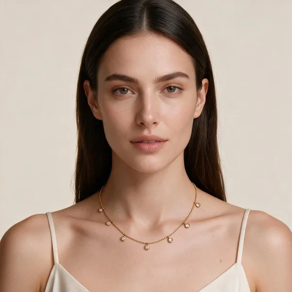 Choker_Style_Subtle_Drop_Design_Delicate_Cable_Chain_With_Multiple_Round_Clear_Cubic_Bezel_Set_Dangling_Evenly_Spaced_(Gold)
