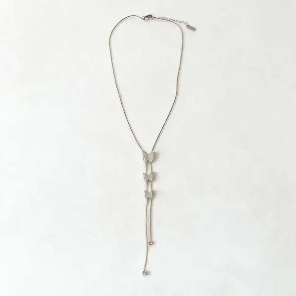 Lariat_Style_Necklace_Featuring_Three_Polished_Silver_Toned_Butterfly_Motifs_Stacked_Sequentially_Along_A_Dual_Strand_Snake_Chain_Drop_(Silver)