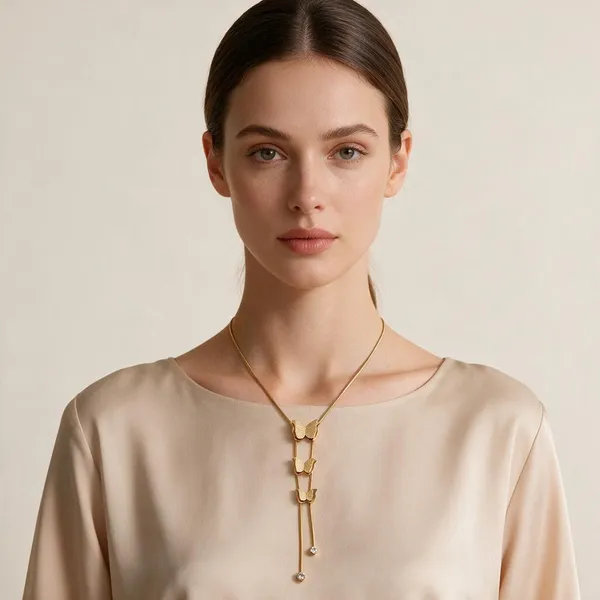 Lariat_Style_Necklace_Featuring_Three_Polished_Silver_Toned_Butterfly_Motifs_Stacked_Sequentially_Along_A_Dual_Strand_Snake_Chain_Drop_(Gold)