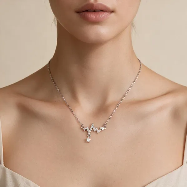 Heartline_Pulse_Motif_Pendant_Necklace_With_Sleek_Sparkling_Pave_Zircon_Accents_And_Round_Bezel_Set_Zircon_Drop_Dangling_From_Its_Central_Peak_(Silver)