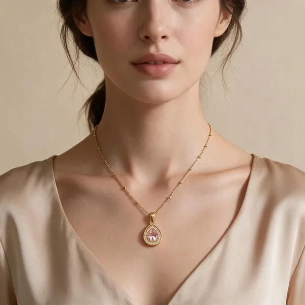 Vintage_Necklace_Inspired_Pear_Cut_Teardrop_Shaped_Clear_Zircon_Center_Pink_Stone_Framed_By_A_Halo_Of_Micro_Pave_Crystals_Suspended_From_A_Polished_Bail_Sitting_On_A_Gold_Figaro_Chain_With_Beaded_Station_Accents
