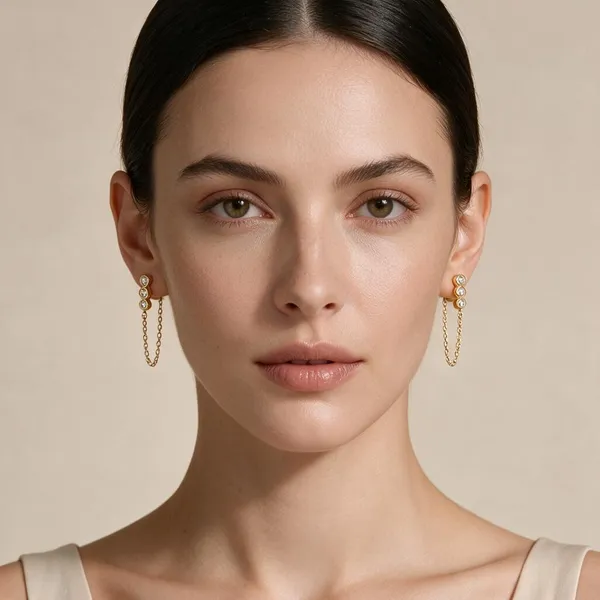 Drop_Earrings_Featuring_Three_Bezel_Set_Round_Sparkling_Zircon_Studs_Connected_With_A_Delicate_Gold_Cable_Chain_Loop_Dangles_Beneath_(Triple_Stud)