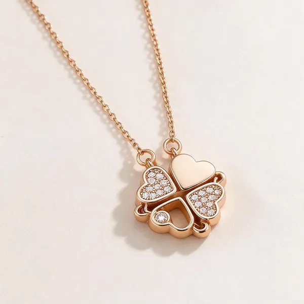 Romantic_Pendant_Necklace_Featuring_A_Unique_Four_Leaf_Clover_Configuration_Constructed_From_Four_Individual_Heart_Shaped_Petals_Glistens_With_Iridescent_Mother_Of_Pearl_Style_Tones_And_Subtle_Zircon_Accents_(Rose_Gold)