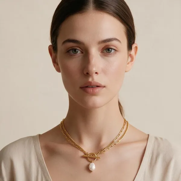 Chic_Layered_Necklace_Featuring_A_Lustrous_Baroque_Artificial_Pearl_Drop_Suspended_From_A_Multi_Strand_Chain_(Gold)