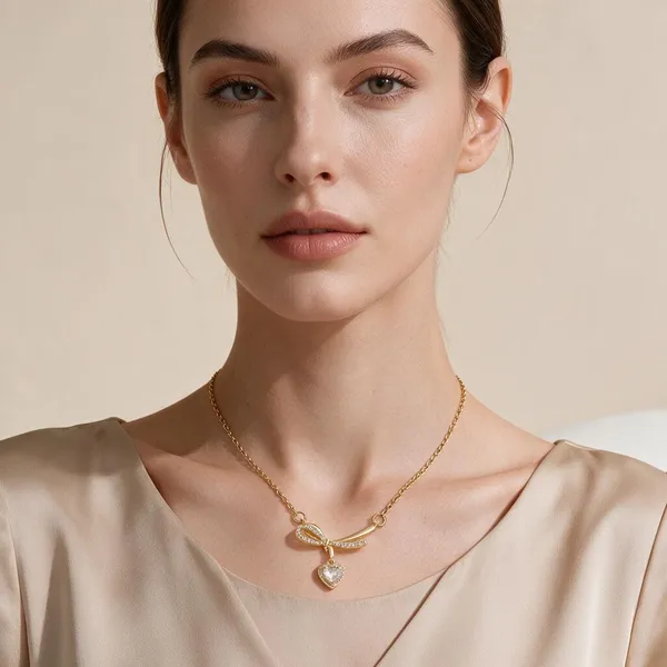 Charming_Pendant_Necklace_Featuring_An_Elegant_Ribbon_Bow_Motif_Pave_Set_With_Sparkling_Clear_Rhinestones_With_A_Dangling_Delicate_Heart_Shaped_Crystal_Charm_(Gold)