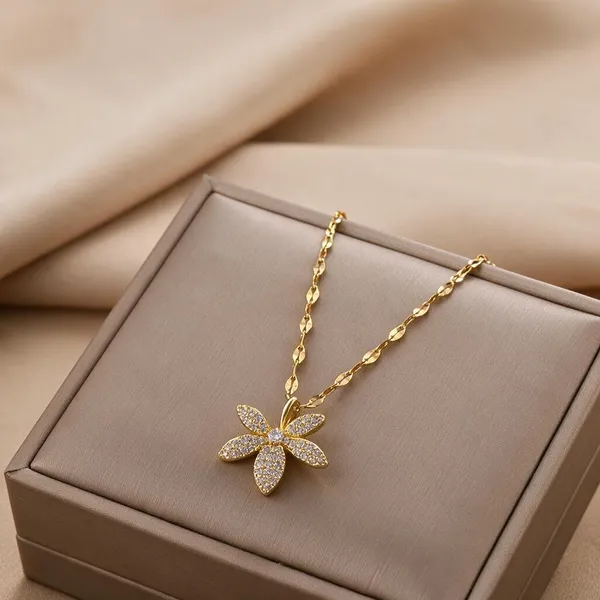 Gold_Stainless_Steel_Cz_Floral_Six_Petal_Pendant_Necklace_For_Women