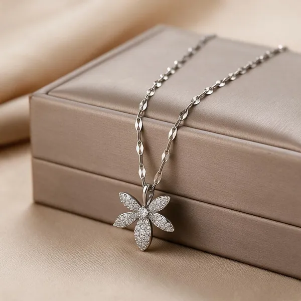 Silver_Stainless_Steel_Cz_Floral_Six_Petal_Pendant_Necklace_For_Women