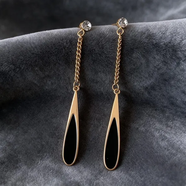 Gold_Black_Stainless_Steel_Enamel_Teardrop_Chain_Drop_Stud_Earrings_For_Women