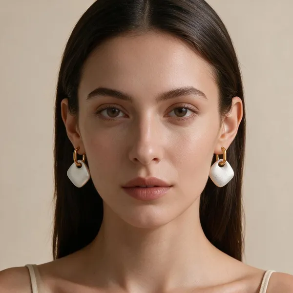 Modern_Drop_Huggie_Earrings_Featuring_An_Oval_Gold_Hoop_Supporting_A_Smooth,_Satin_Finish_White_Rhombus_Charm