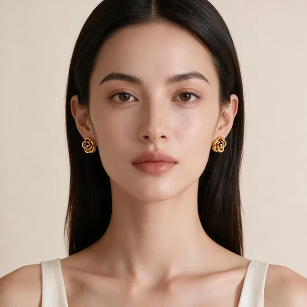 Handmade_Rose_Stud_Earrings_Featuring_A_Sculpted_Floral_Bloom_Silhouette_Highlighting_Intricate_Openwork_Layers_And_A_Dark,_Retro_Burnished_Center_Accent_(Gold)