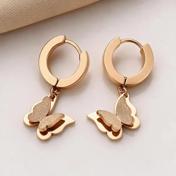 3D_Dual_Layered_Textured_Butterfly_Wing_Design_Drop_Earrings_Attached_To_Sleek_Huggie_Hoop_Closures_(Rose_Gold)