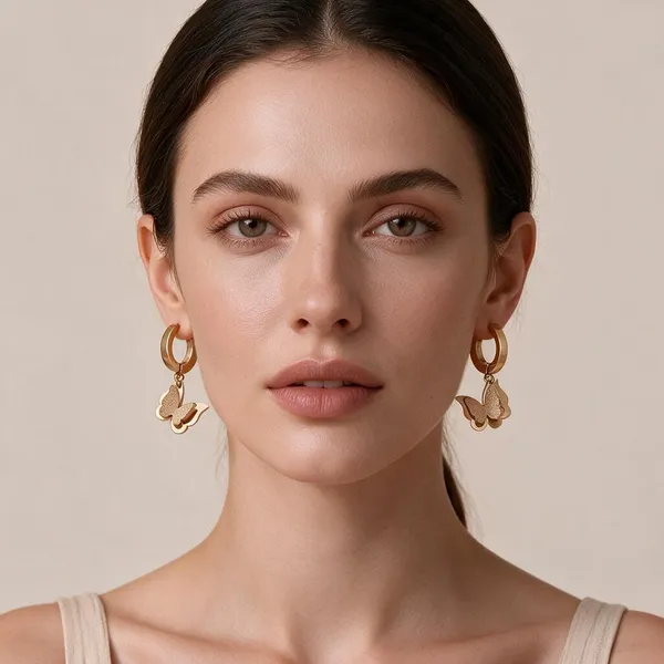 3D_Dual_Layered_Textured_Butterfly_Wing_Design_Drop_Earrings_Attached_To_Sleek_Huggie_Hoop_Closures_(Rose_Gold)