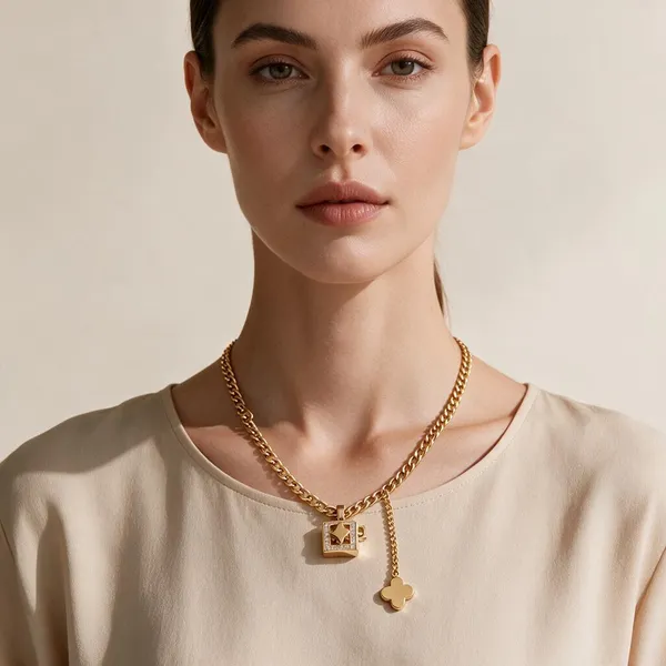 Luxurious_Lariat_Style_Geometric_Necklace_With_3D_Spinning_Cube_Pendant_Bordered_By_Sparkling_Micro_Pave_Zirconia_With_A_Four_Point_Star_Accent_At_Its_Center_And_Suspended_On_A_Bold_Curb_Chain_With_A_Dangling_Four_Leaf_Clover_Tassel_Drop