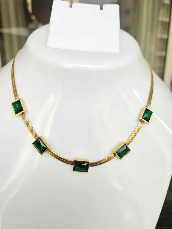 Gold_Steel_Baguette_Emerald_Zirconia_Herringbone_Chain_Necklace_For_Women