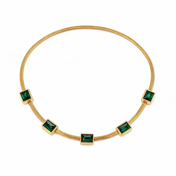 Gold_Steel_Baguette_Emerald_Zirconia_Herringbone_Chain_Necklace_For_Women