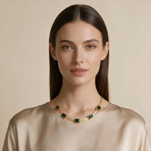 Statement_Necklace_Featuring_Five_Bezel_Set,_Baguette_Cut_Emerald_Green_Cubic_Zirconia_Stones_Along_With_Liquid_Smooth_Flat_Herringbone_Snake_Chain_(Gold)