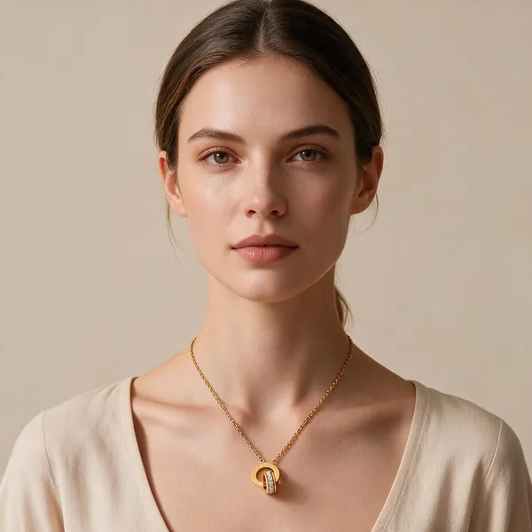 Two_Interlocking_Ring_Pendants_Necklace_With_One_Plain_Polished_Circle_Paired_With_A_Secondary_Ring_Inlaid_With_Sparkling_Micro_Pave_Cubic_Zirconia_(Gold)