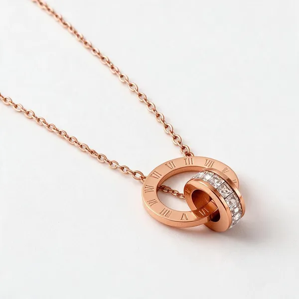 Two_Interlocking_Ring_Pendants_Necklace_With_One_Plain_Polished_Circle_Paired_With_A_Secondary_Ring_Inlaid_With_Sparkling_Micro_Pave_Cubic_Zirconia_(Rose_Gold)