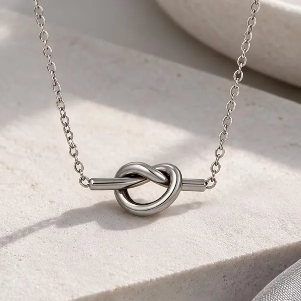 Silver_Steel_Minimalist_Knot_Pendant_Cable_Chain_Necklace_For_Women