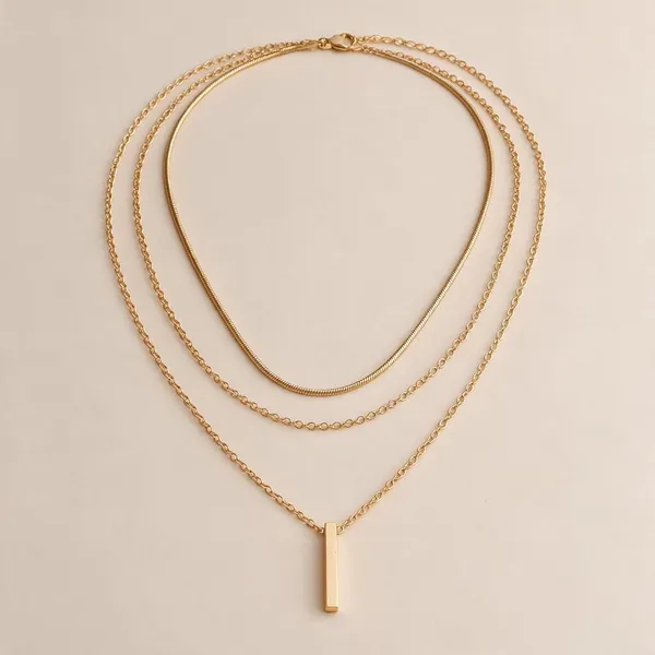 Gold_Steel_Layered_Bar_Pendant_Multi_Strand_Chain_Necklace_For_Women