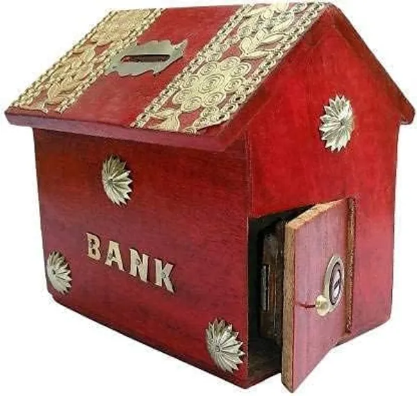 Decorative_Wooden_Money_Bank_Box_Red_With_Gold_Floral_Design_House_Shaped_Coin_Storage