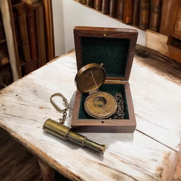 Brass_Sundial_Compass_And_Telescope_Set_With_Wooden_Box