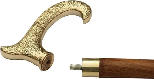 Foldable_Decorative_Elegant_Wooden_Walking_Stick_94_Cm_Wood_Cane_With_Brass_Handle_Golden_Floral_Design_Unisex