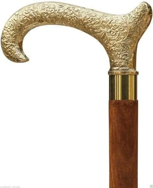 Foldable_Decorative_Elegant_Wooden_Walking_Stick_94_Cm_Wood_Cane_With_Brass_Handle_Golden_Floral_Design_Unisex