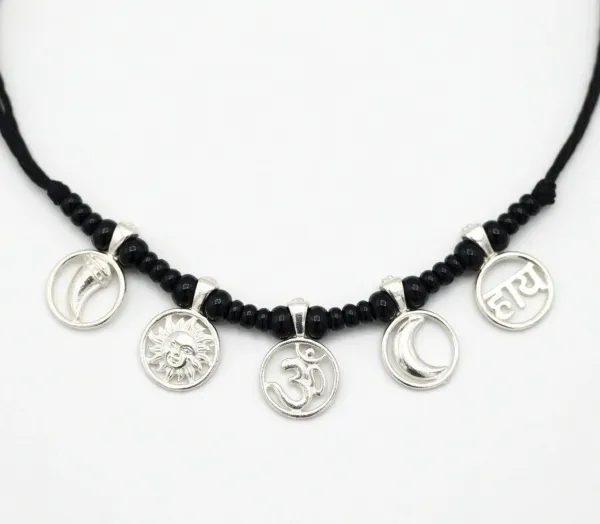 SRKJ_925_Sterling_Silver_Black_Thread_Necklace_with_Sun_Moon_Om_Charms