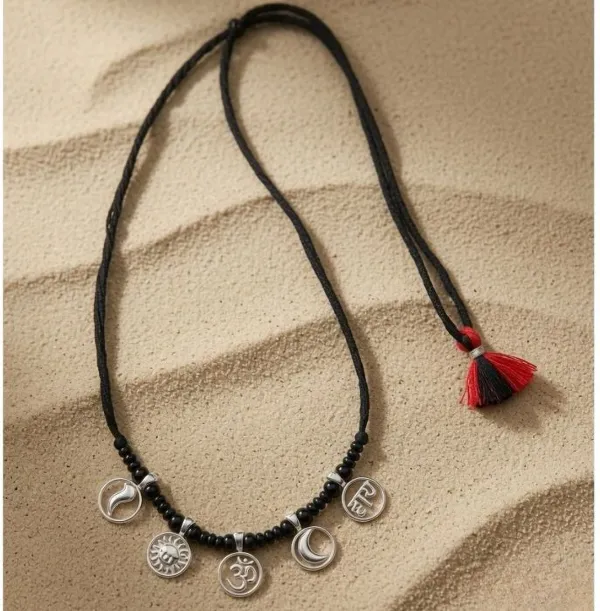 SRKJ_925_Sterling_Silver_Black_Thread_Necklace_with_Sun_Moon_Om_Charms