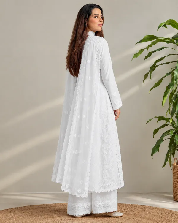 White_Georgette_Chikankari_Embroidered_Kurta_With_Pant_And_Dupatta_For_Women