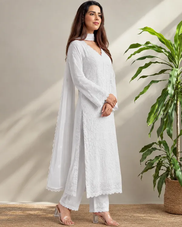 White_Georgette_Chikankari_Embroidered_Kurta_With_Pant_And_Dupatta_For_Women