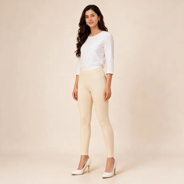 Cream_Cotton_Lycra_Ankle_Length_Leggings_For_Women