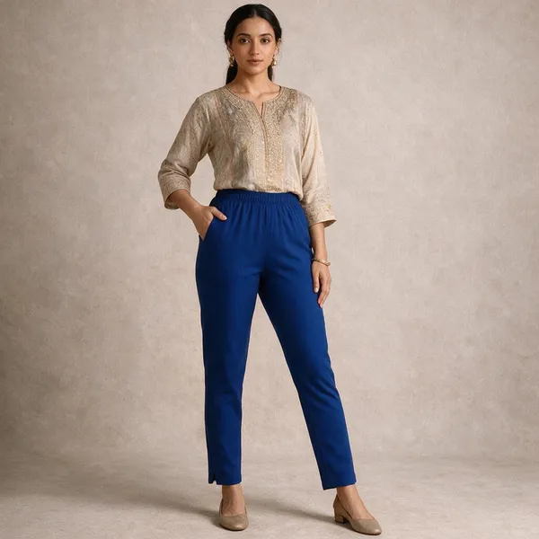 Royal_Blue_Cotton_Lycra_Relaxed_Fit_Kurti_Pant_For_Women