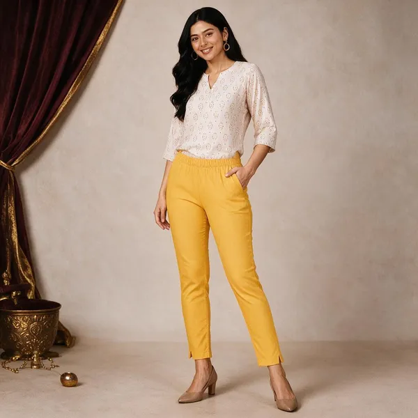 Mango_Yellow_Cotton_Lycra_Relaxed_Fit_Kurti_Pant_For_Women