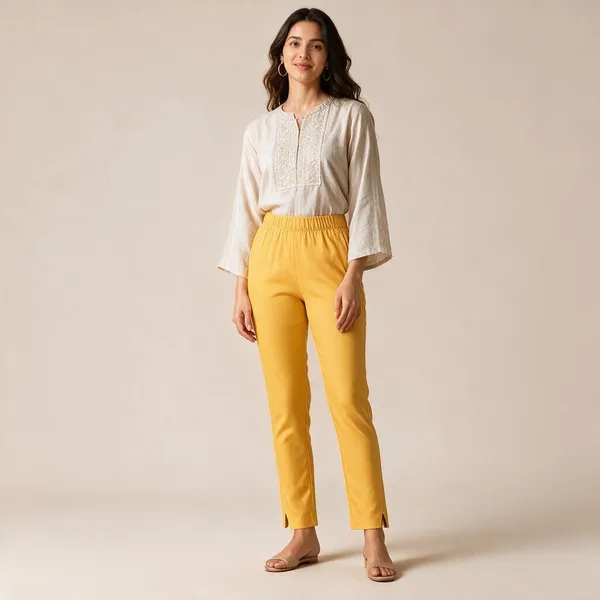 Mango_Yellow_Cotton_Lycra_Relaxed_Fit_Kurti_Pant_For_Women