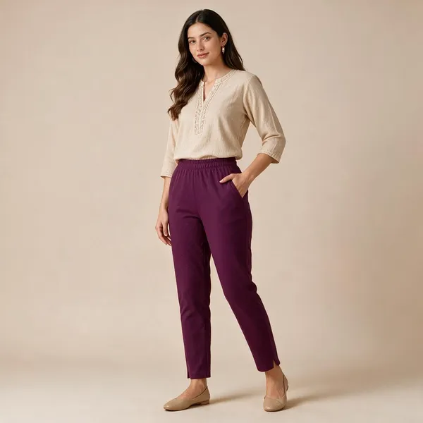 Wine_Cotton_Lycra_Relaxed_Fit_Kurti_Pant_For_Women